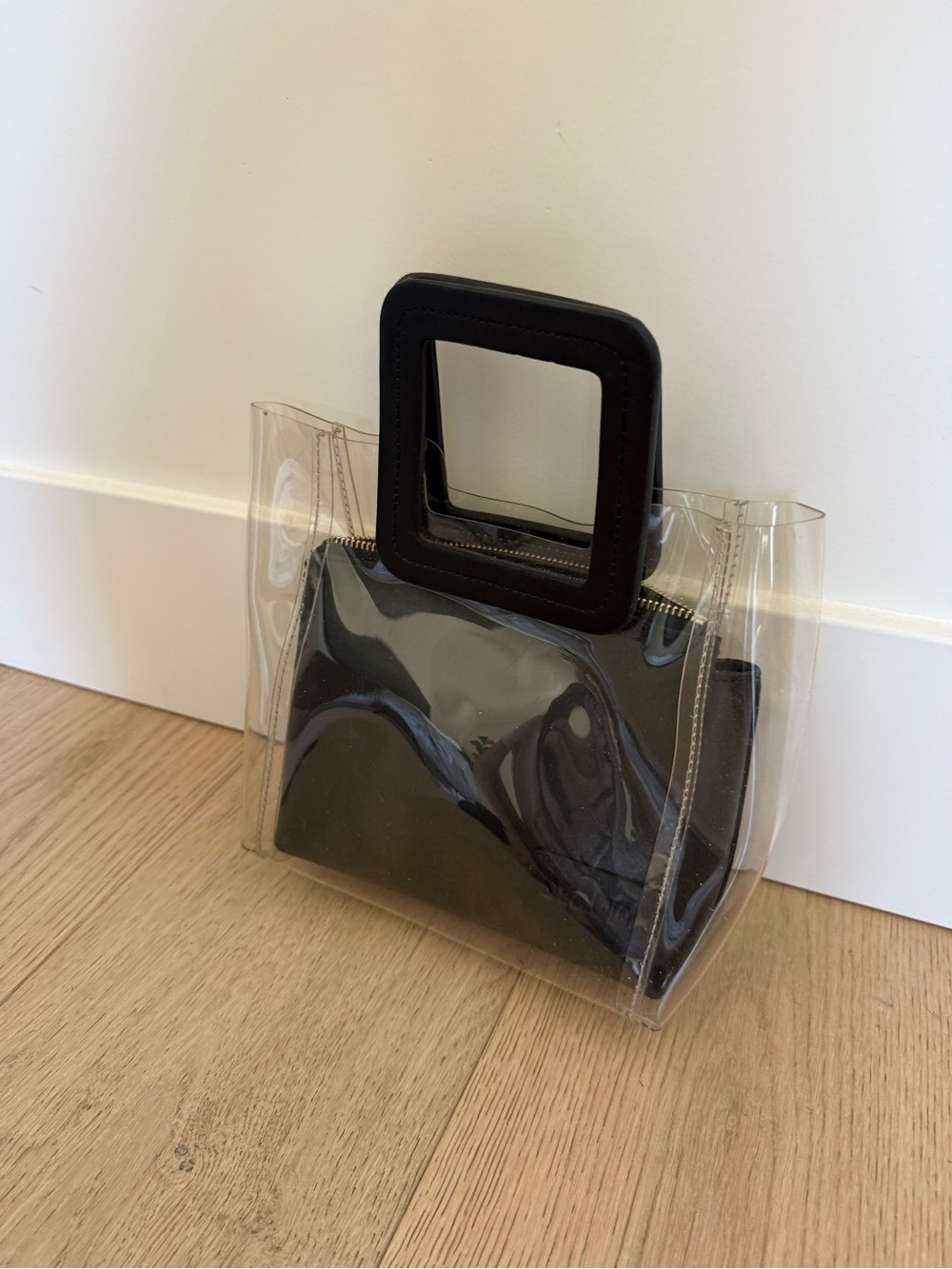 STAUD Mini Shirley Clear PVC Tote with Black Square Handles & Pouch